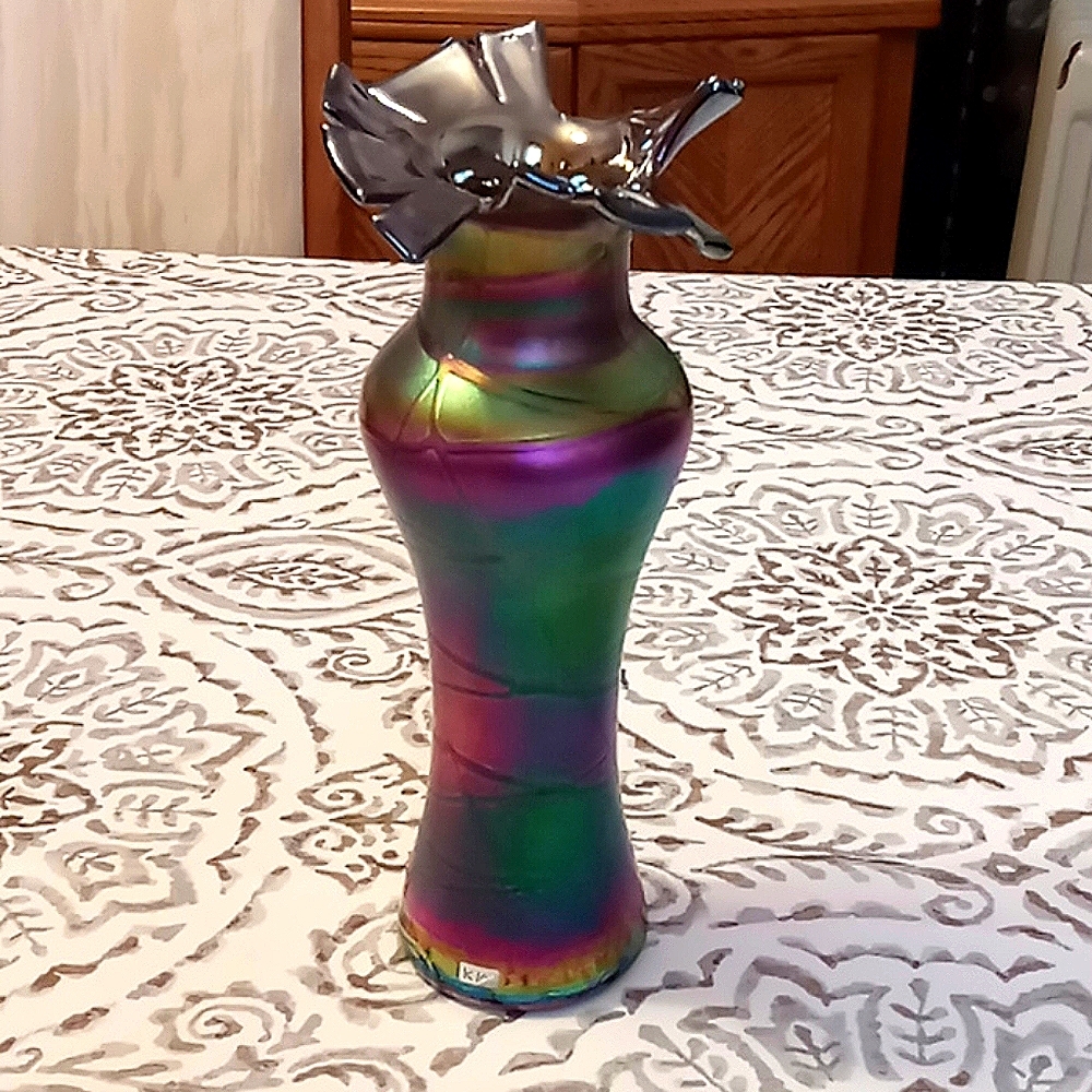 Unique Bohemian iridescent vase signed